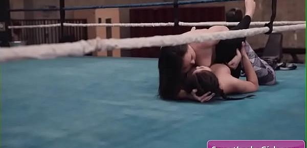  Sexy natural big tit lesbian babes Kendra Spade, Sinn Sage eating hairy pussy in the wrestling ring